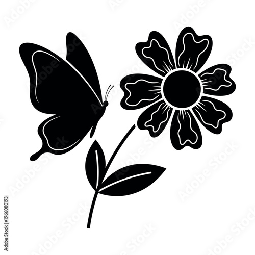 Black and white silhouette of a butterfly flying towards a flower illustration.