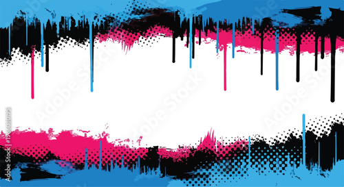 Abstract colorful paint splashes and drips with halftone dots on transparent background.