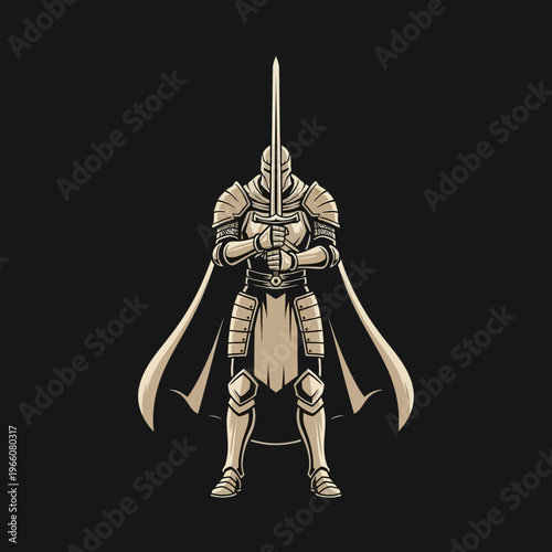 Medieval Knight in Shining Armor Holding Sword, Fantasy Warrior Illustration
