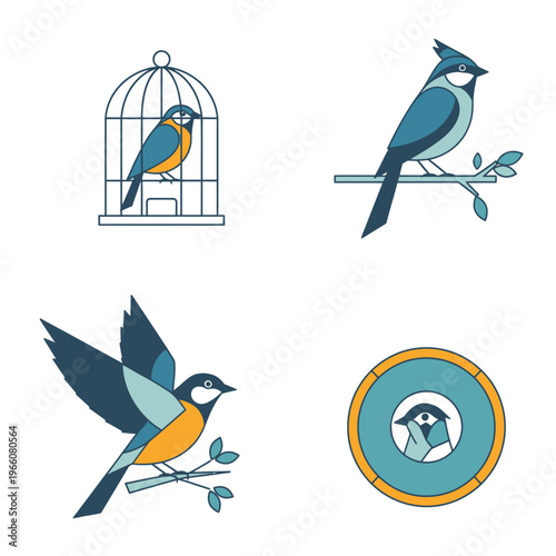 Set of four stylized bird illustrations: caged, perched, flying, and in a nest