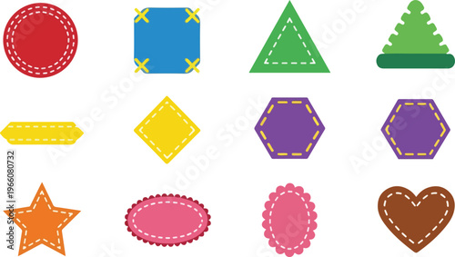 Collection of cute applique shapes like hearts stars and circles with dashed stitch effect for scrapbooking and crafts.