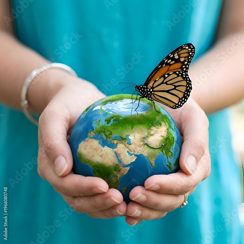 Woman holding a small globe with a monarch butterfly on top symbolizing environmental conservation and global protection
