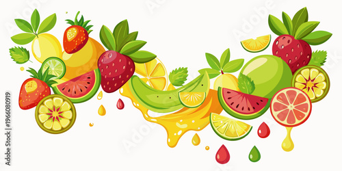 Fresh assorted fruits and juice splash illustration, vector