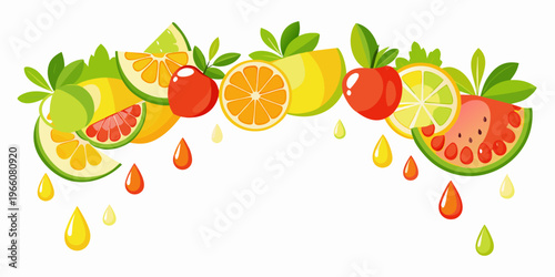Colorful flat design fruit mix with juice drops, vector