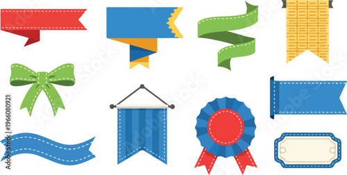 Colorful ribbons and labels set with blue banners green bow red rosette prize and yellow decorative tags for web design.