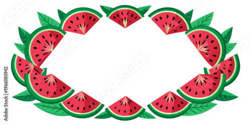 Fresh watermelon fruit border frame design with leaves, vector