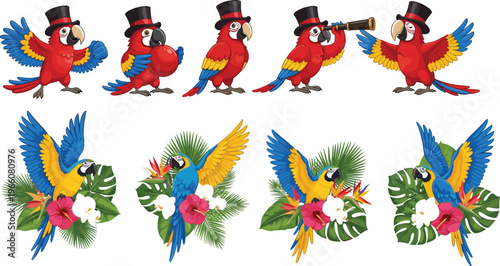 Tropical Parrot Vector Collection with Scarlet Macaws and Blue-and-Yellow Macaws, Perched, Flying, and Cartoon Poses with Top Hats and Floral Backgrounds for Exotic Wildlife and Digital Designs