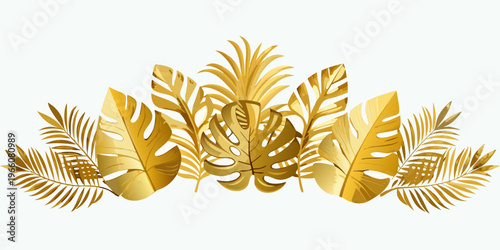 Elegant gold tropical leaves and palm foliage arrangement, vector
