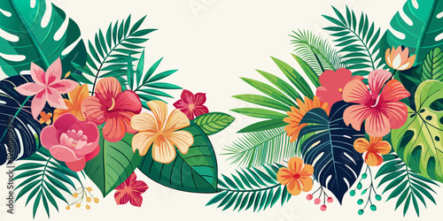 Tropical floral banner with hibiscus and monstera leaves, vector