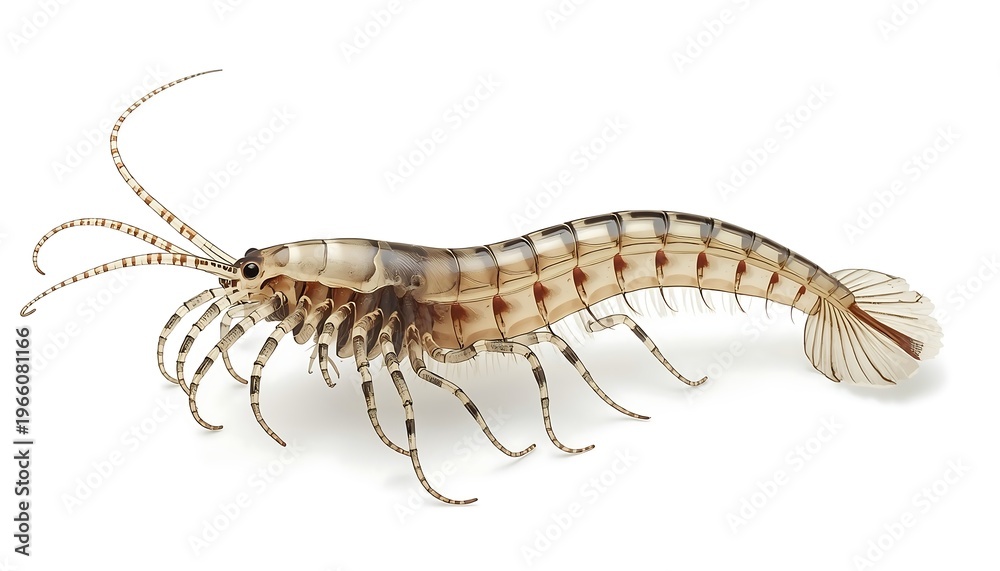 Fototapeta premium A meticulously detailed translucent marine crustacean featuring a segmented body and numerous legs is isolated on white.