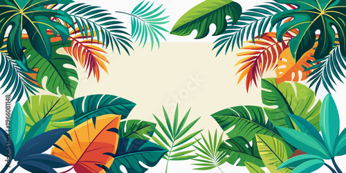 Tropical leaves and jungle foliage frame, vector