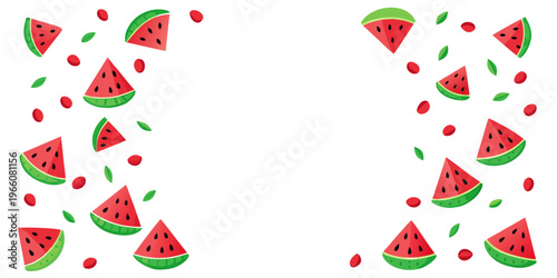 Watermelon slices and seeds scattered frame, vector