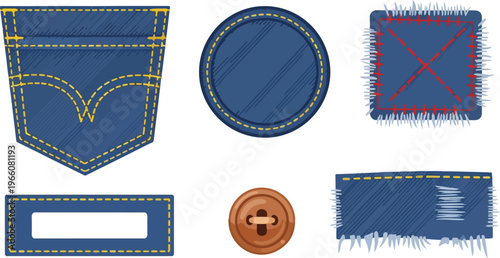 Denim jeans patches and pocket elements set with blue fabric texture yellow stitching button and ragged textile edges.