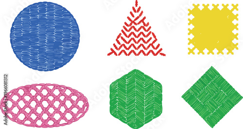 Embroidered geometric shapes set featuring colorful stitching styles like cross stitch and zigzag on transparent backdrop.