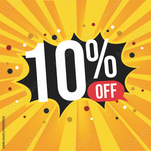 10 por cento de desconto. Banner amarelo com balão flutuante para promoções e ofertas. estilo explosão de preços
