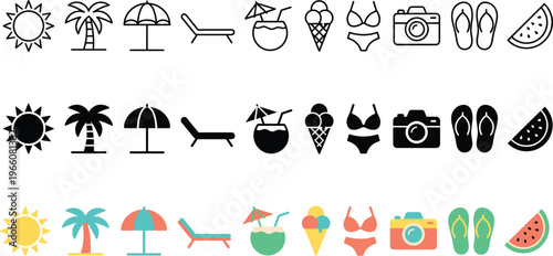 Summer Beach and Vacation Icons Set with Sun, Palm Tree, Ice Cream, Sunglasses, and Flip Flops for Digital Platforms and Websites