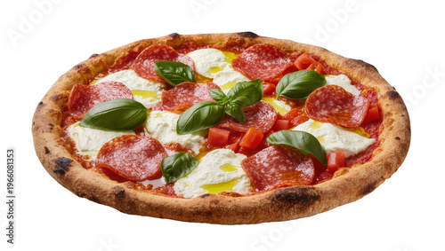Foto Spicy salami creamy mozzarella and fresh basil pizza, isolated on transparent ba