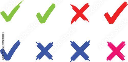 Grunge check mark and cross symbols in green, red, blue, and pink, with hand drawn brush strokes.