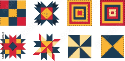 Quilt pattern blocks set with traditional geometric square shapes and colorful fabric patches for handicraft sewing hobby.