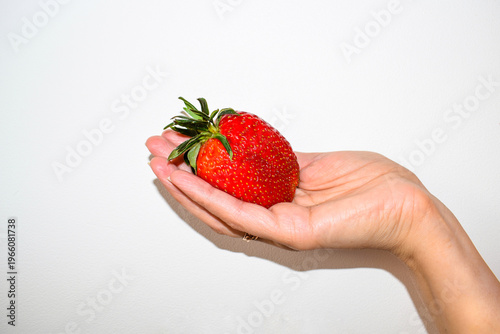 Simple Macro Shot of Woman's Hand Holding Big Ripe Strawberry on White Background