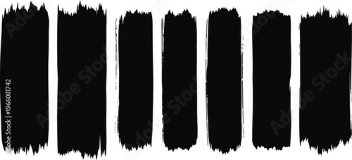 Set of black vertical paint brush strokes on transparent background for design elements hand drawn artistic grunge ink.