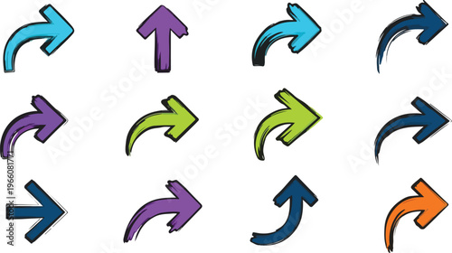 Set of colorful hand drawn arrows in different directions and styles on transparent background.