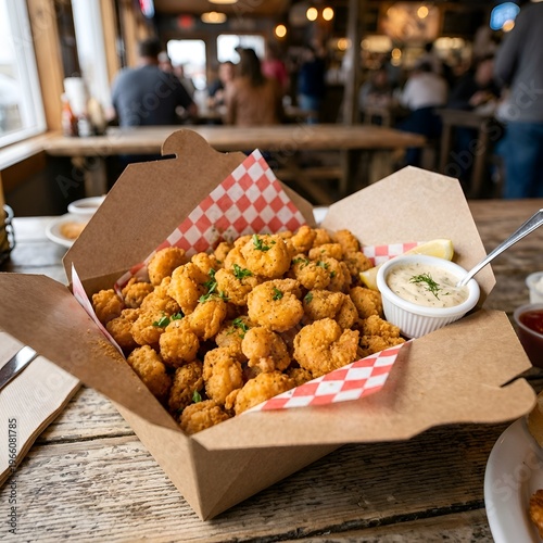 Crispy Fried Shrimp Bites in Paper Box with Dipping Sauce on Rustic Wooden Table in Casual Restaurant Setting
