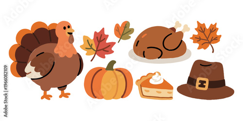 Cartoon-style Thanksgiving icons including turkey, pie, pumpkin, leaves, and a hat on a white background showing a festive autumn concept