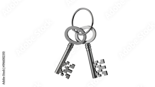 Fotografie Two metallic pixelated keys on a silver keyring, isolated on transparent backgro