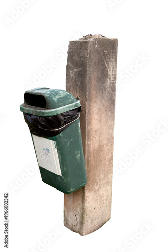 Plastic urban waste bin for waste collection, street furniture mounted on a concrete post, urban waste management element isolated on a transparent background.