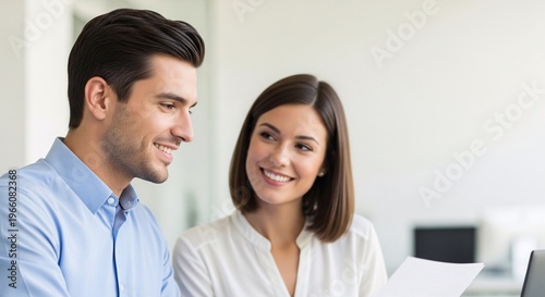 Professional business couple reviewing financial documents and talking about investment plans while sitting at office desk during productive meeting.