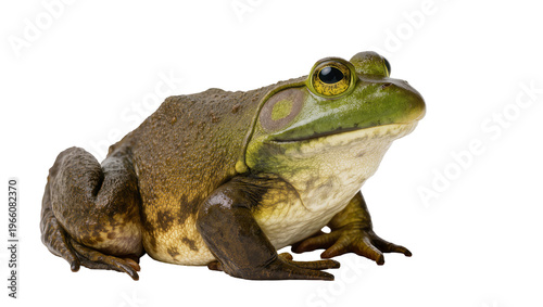 Fotografie Robust green and brown bullfrog with prominent yellow eyes, isolated on transpar