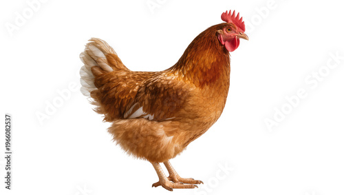 Tableau sur toile Brown feathered domestic hen with red comb and wattle standing gracefully, isola