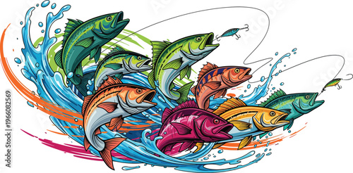 Colorful illustration of multiple fish swimming together in a vibrant aquatic scene with water splashes
