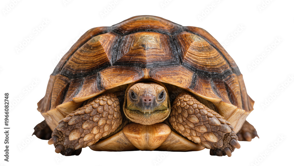 Obraz premium African spurred tortoise with textured brown and black shell facing forward, isolated on transparent background