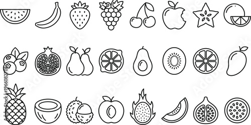 Fruit Line Icon Set with Watermelon, Banana, Strawberry, Grapes, Apple, Citrus, Kiwi, Pineapple, Dragon Fruit, and Tropical Food Vector Collection