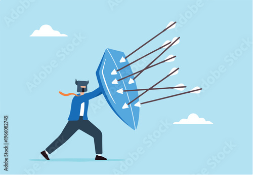 Strong businessman with armor and shield to defend against incoming arrows, illustrating protection from threats. Concept of safeguarding against security attacks, business risks