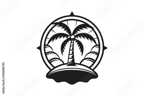 Tropical Paradise Island Silhouette with Palm Tree and Calm Ocean Vector