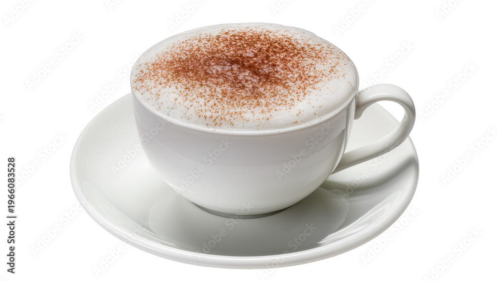Fototapeta premium Cappuccino in white ceramic cup and saucer, isolated on transparent background