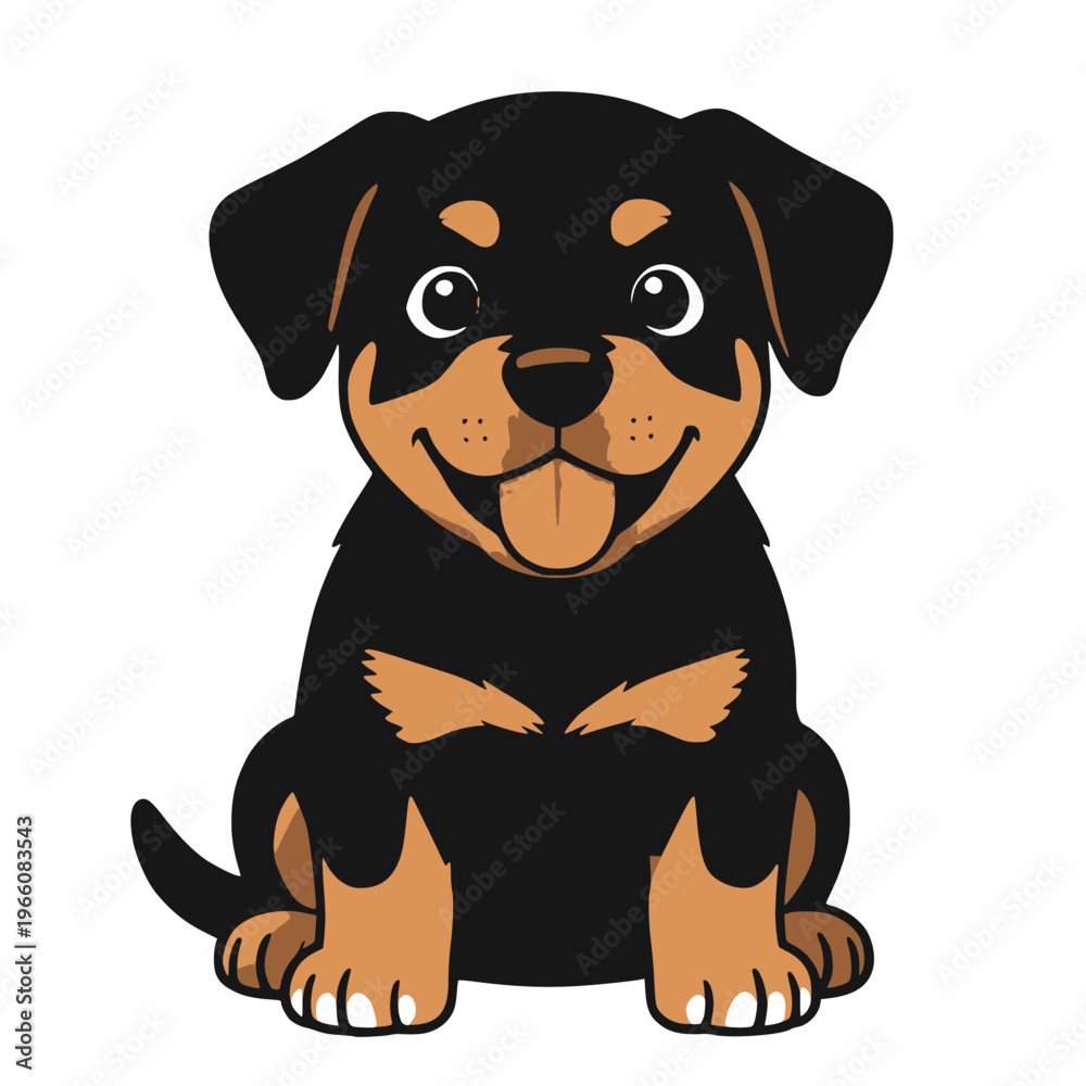 Obraz premium Cute stylized vector illustration of a black-and-tan Rottweiler puppy. The puppy is lying on its belly with front paws stretched forward, hind legs tucked under its body, head raised and looking direc