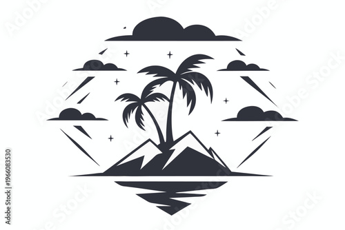 Abstract Black and White Island Landscape Silhouette Vector Illustration