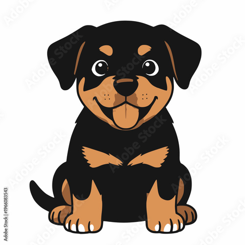 Cute stylized vector illustration of a black-and-tan Rottweiler puppy. The puppy is lying on its belly with front paws stretched forward, hind legs tucked under its body, head raised and looking direc
