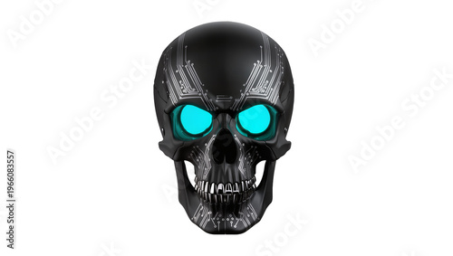 Black cybernetic skull with blue eyes and circuit patterns, isolated on transparent background