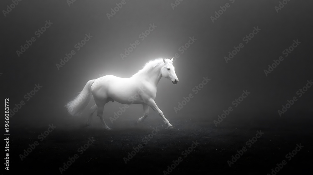 Fototapeta premium Glowing white horse galloping in dark ethereal landscape. White ghostly stallion with glowing aura in shadowy landscape