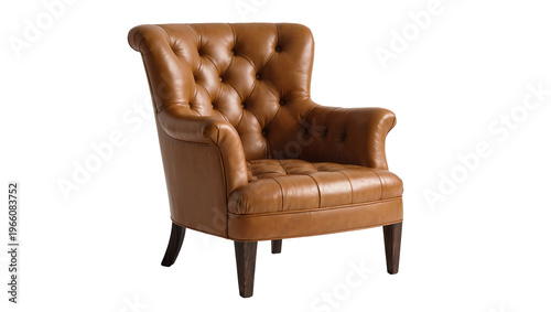 Fotografie Rich brown leather tufted armchair with dark legs, isolated on transparent backg