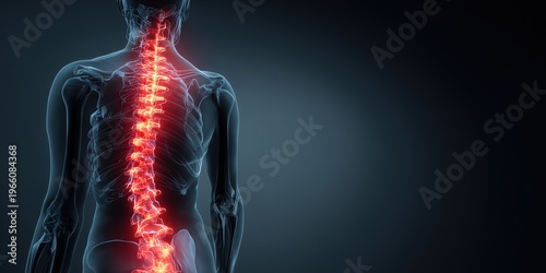 Man, injury and back pain of fitness in studio, anatomy of spine and xray for diagnosis. Red glow, mockup and rear view of person for inflammation of muscle ache, spinal stenosis and gray background