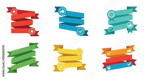 Colorful ribbon banners and badges with stars checks and thumbs up icons