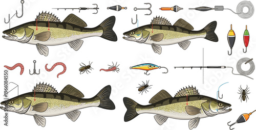 Fishing Vector Set with Realistic Walleye Fish, Fishing Rods, Hooks, Baits, Lures, and Angler Accessories for Outdoor, Sport, Wildlife, Recreation, and Digital Design Projects