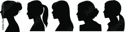 Collection of five black female head silhouettes in profile view featuring various hairstyles like ponytails and buns isolated on white background for beauty salon branding.
