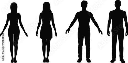 Collection of black human vector silhouettes featuring diverse men and women in various casual outfits standing isolated on white background for graphic design and fashion.